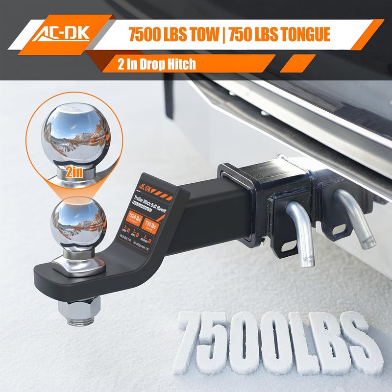 AC-DK Trailer Hitch Ball Mount for 2 inch Receiver,2 inch Drop Hitch,with 2-Inch Ball,7,500 lbs Capacity Ball Hitch, 750lbs Tongue Weight,Includes Hitch Pin - Image 3